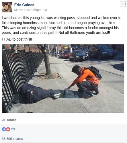 Facebook post of young Black male in Boston praying over homeless man as he sleeps